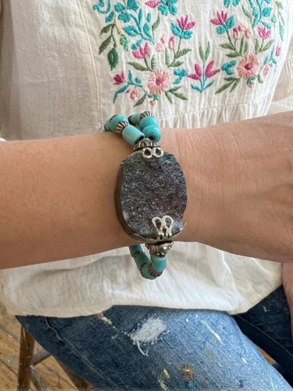 Boho Titanium Quartz Druzy & Faux Turquoise Howlite Bead Double Strand Bracelet
